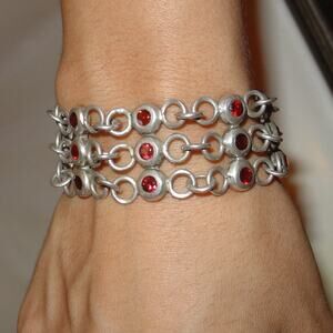 Triple Row Silver Chain Bracelet with Garnet or Ruby Red Stones – Bold & Elegant